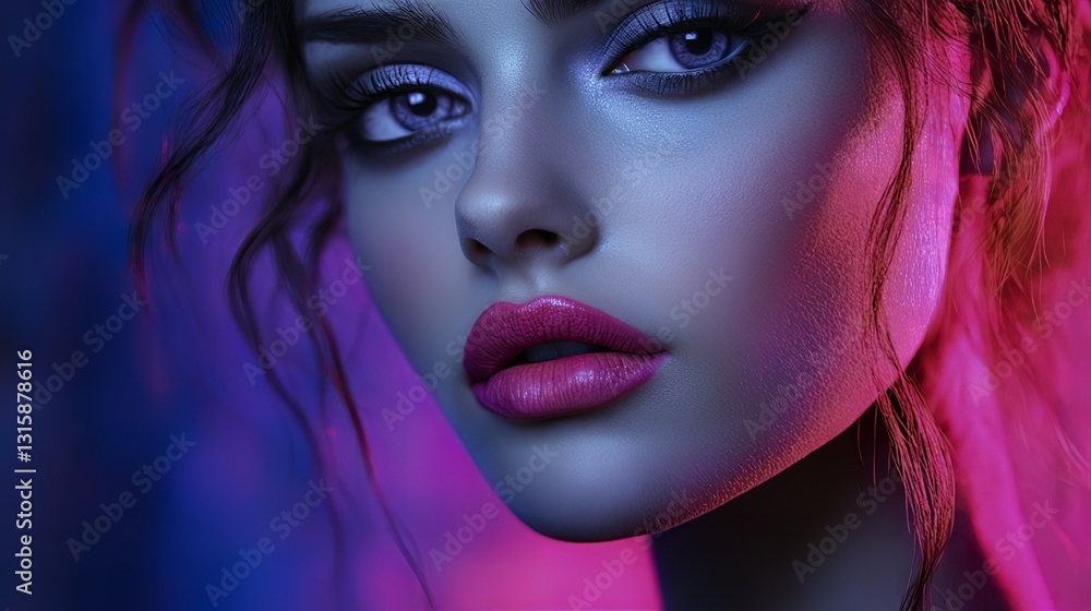 Naklejka premium Beautiful model with bright pink lips showing a captivating headshot under dramatic side light against an abstract gradient background