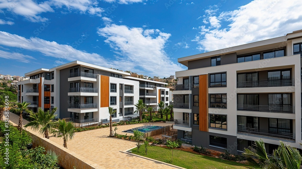 New Modern Apartments Under Construction with Clear Blue Sky New Modern Apartments Under Construction with Clear Blue Sky