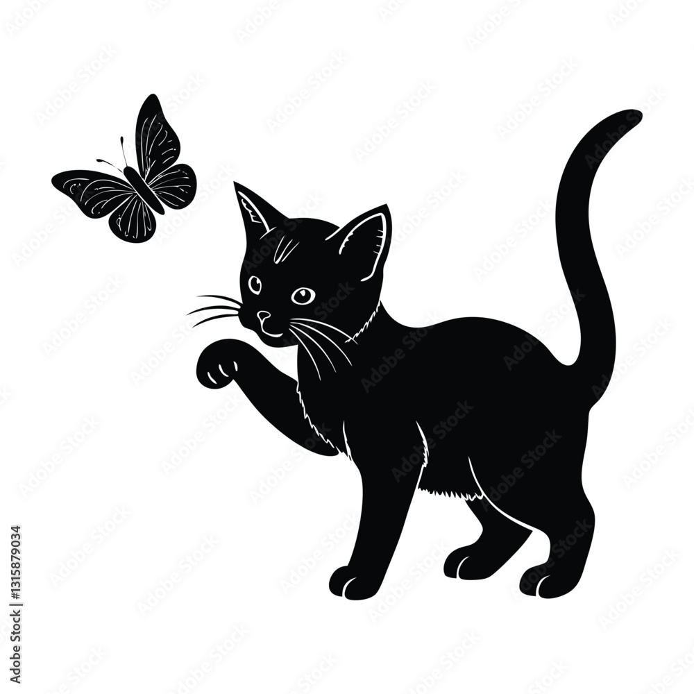 Fototapeta premium Kitten Chasing a Butterfly on Pristine White Backdrop