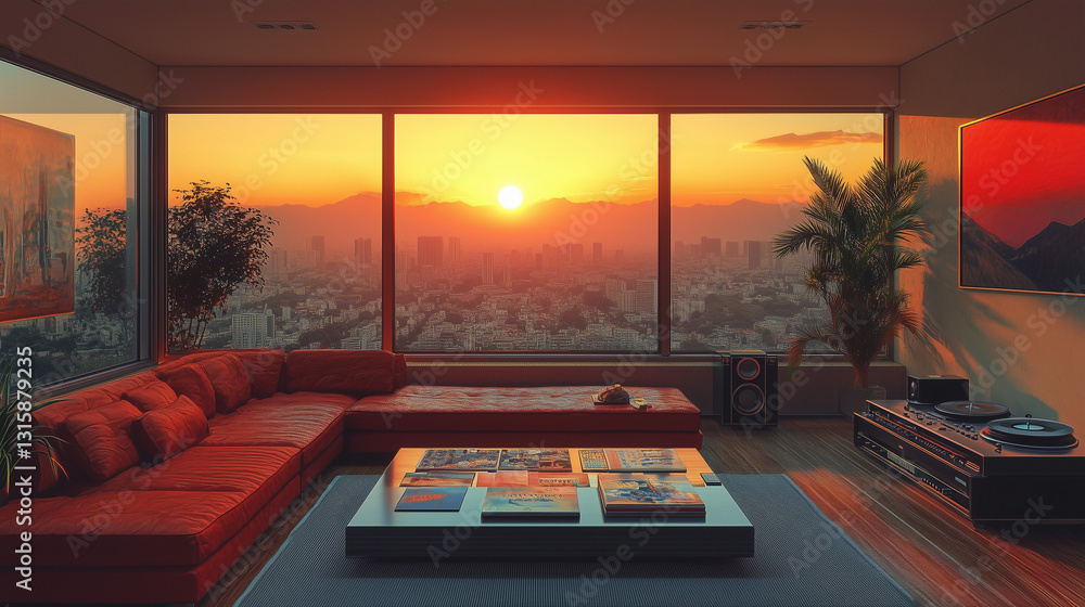 Fototapeta premium a 1960s living room with a mid-century modern design, featuring a minimalist couch, a coffee table with retro magazines, and a sleek record player