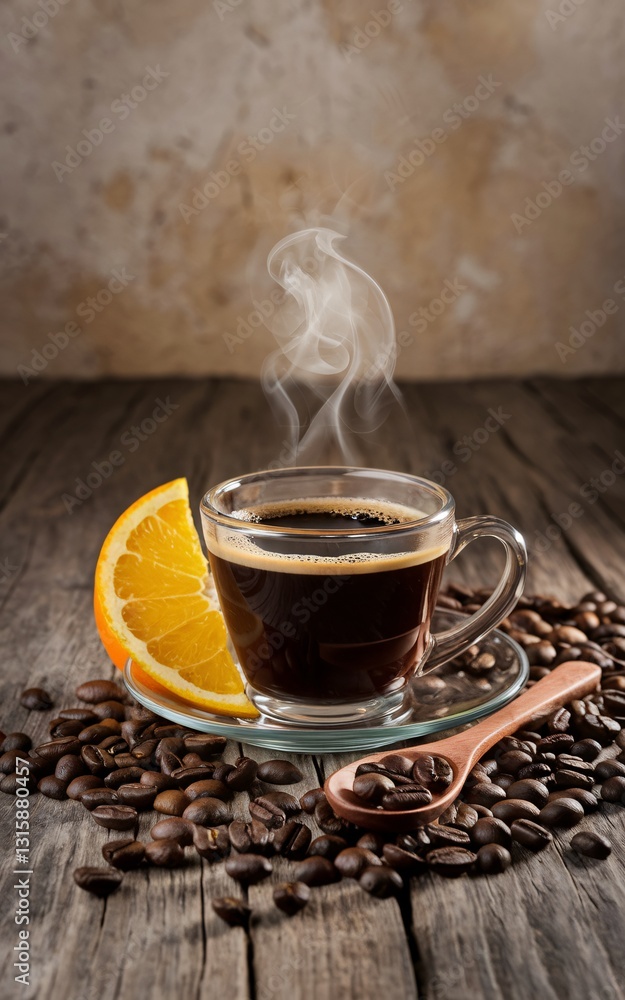 January blues, Hot Espresso with Orange Slice on Wooden Table January blues, Hot Espresso with Orange Slice on Wooden Table