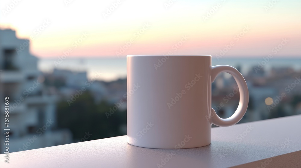 Obraz premium White Coffee Mug on Balcony at Sunset Overlooking City and Ocean