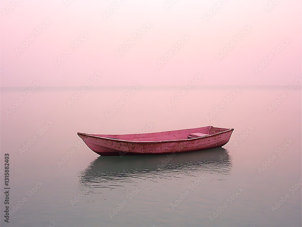 Naklejka premium Pink boat, calm lake, dawn mist