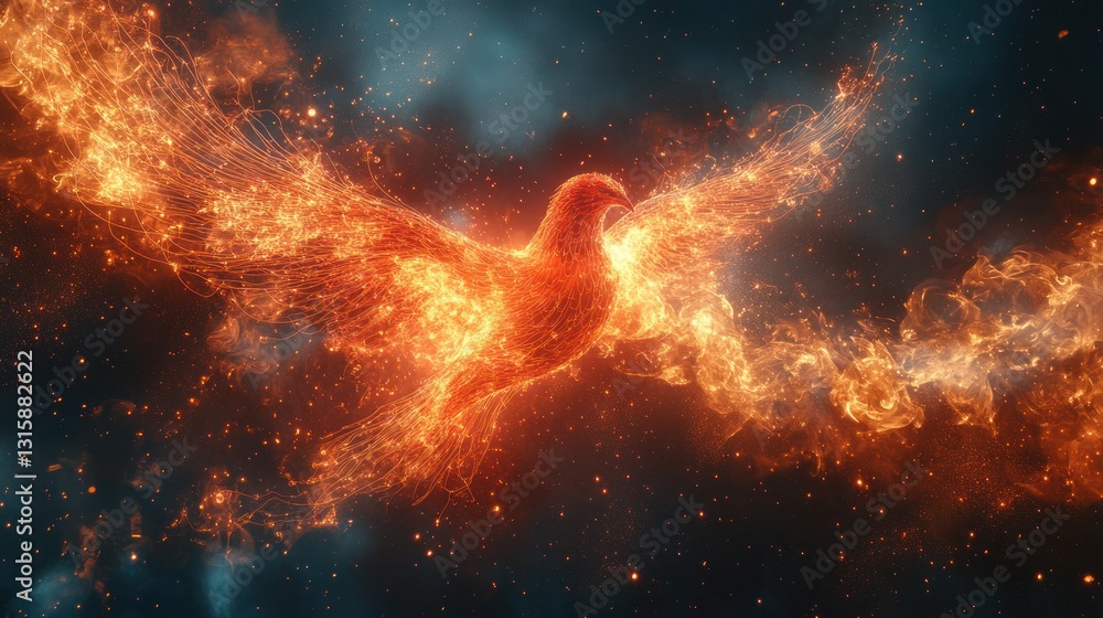 Obraz premium Fiery bird soaring through cosmic clouds