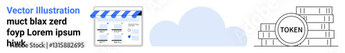 Online storefront icon next to cloud graphic and stacked digital tokens labeled TOKEN. Ideal for e-commerce, blockchain technology, digital currency, cloud services, online shopping, fintech, tech