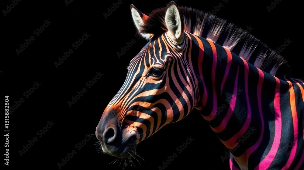 A Vibrant Zebra Portrait Against a Dark Background, Showcasing Striking Black, Pink, and Orange Stripes A Vibrant Zebra Portrait Against a Dark Background, Showcasing Striking Black, Pink, and Orange Stripes
