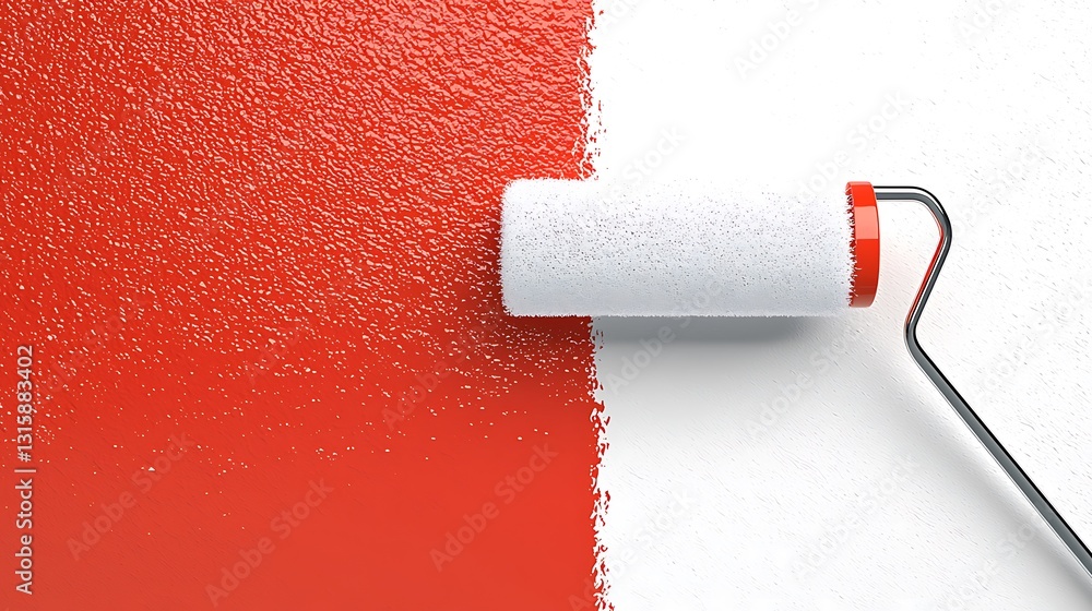Obraz premium Painting a wall with a roller. A paint roller applies a coat of vibrant red paint to a white wall. 