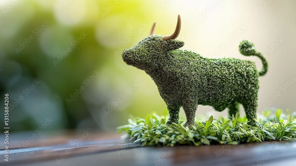 Fototapeta premium Green Bull Sculpture Symbolizing Growth in Stock Market Concepts