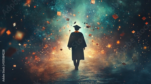 Graduate Walking Towards Bright Future In A Cosmic Setting