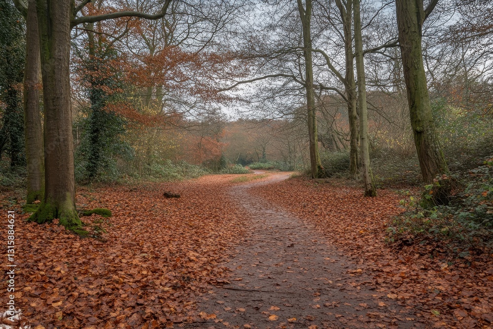 Obraz premium Autumnal path through a leaf-strewn woodland, trees showing fall colors. Perfect for themes of nature, tranquility, and seasonal change.