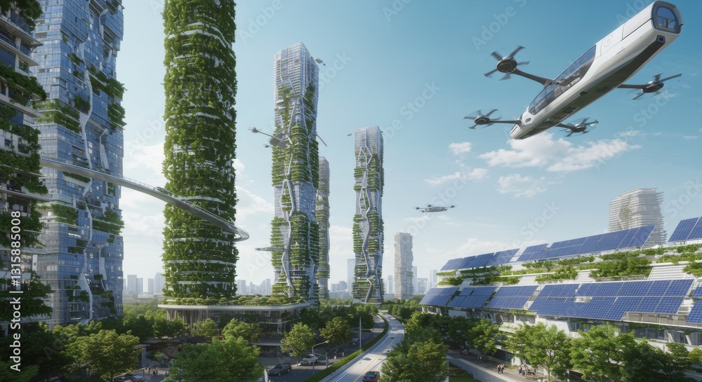 Fototapeta premium Futuristic cityscape with vertical gardens covering skyscrapers, solar panels integrated into buildings, and flying electric vehicles, under a clear blue sky