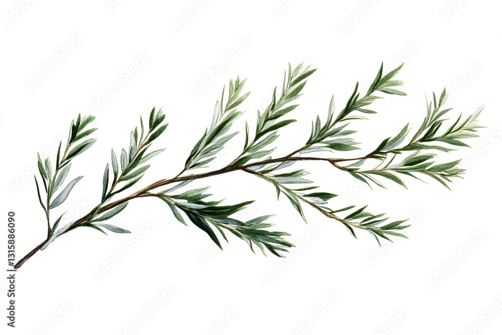 Fototapeta premium Elegant Watercolor Greenery Branch: Botanical Illustration of a Delicate Twig with Lush Green Leaves, Perfect for Wedding Invitations, Floral Designs, and Nature-Inspired Projects