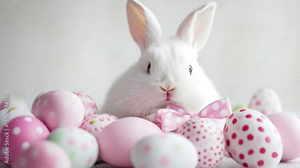 Fototapeta premium Fluffy Bunny Amidst Pastel Easter Eggs