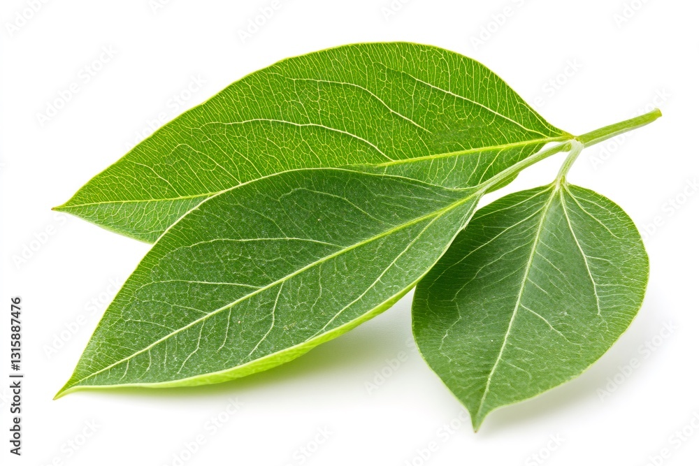 Obraz premium Twig with three vibrant green leaves lying on white background
