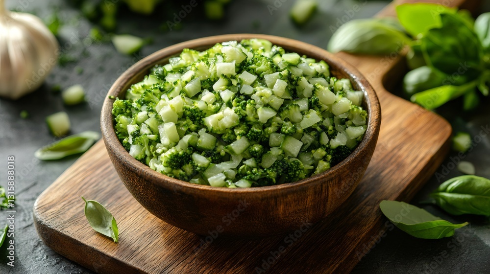 Freshly chopped broccoli in wooden bowl, ready to be used in healthy recipes Freshly chopped broccoli in wooden bowl, ready to be used in healthy recipes