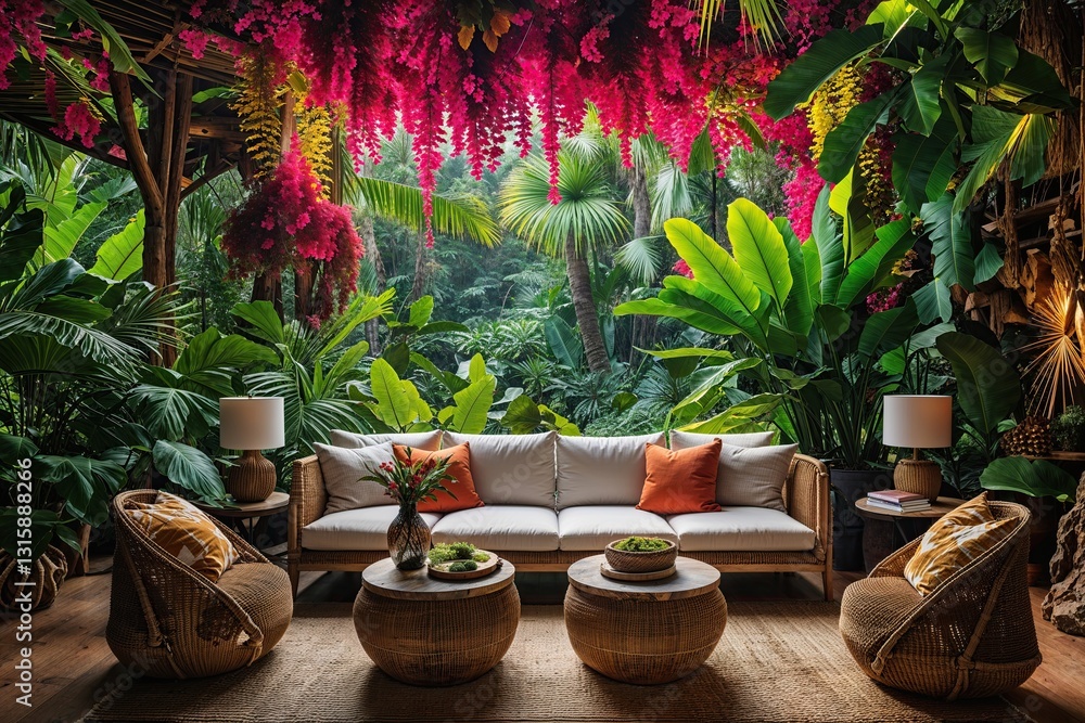 Fototapeta premium Vibrant Jungle Getaway Surrounded by Lush Foliage and Exotic Nature
