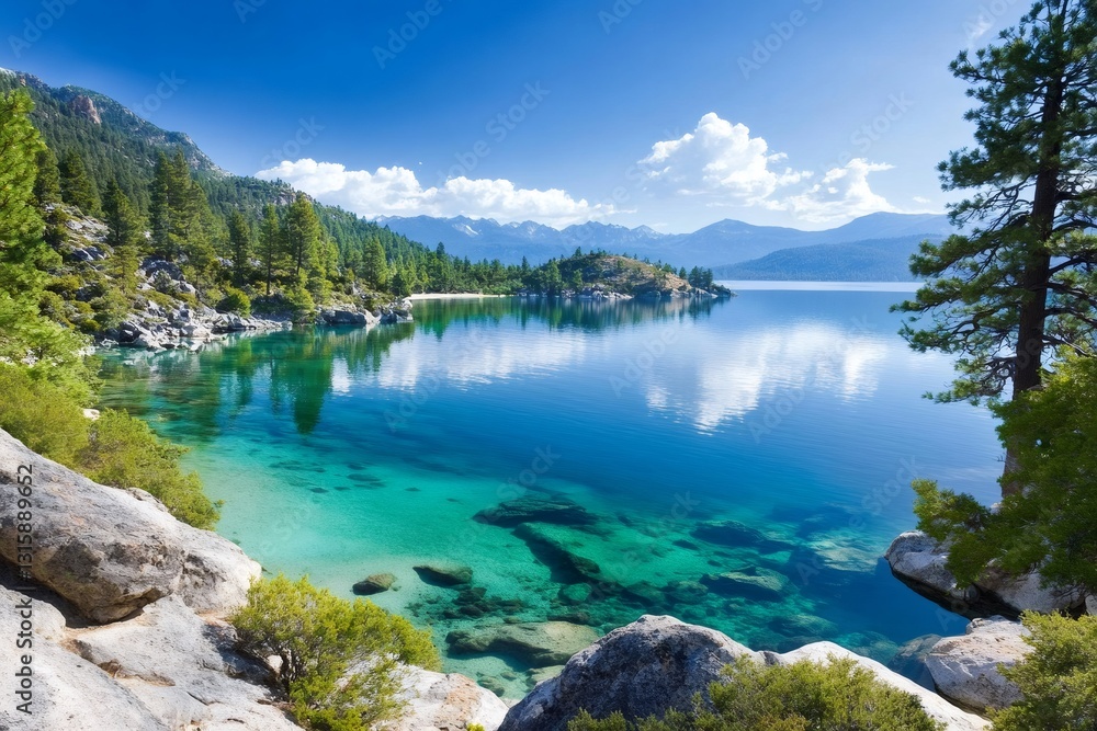 Fototapeta premium Crystal clear water reflecting clouds and mountains at Lake Tahoe