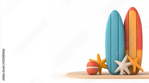 Colorful 3D Surfboards and Beach Accessories on White Background