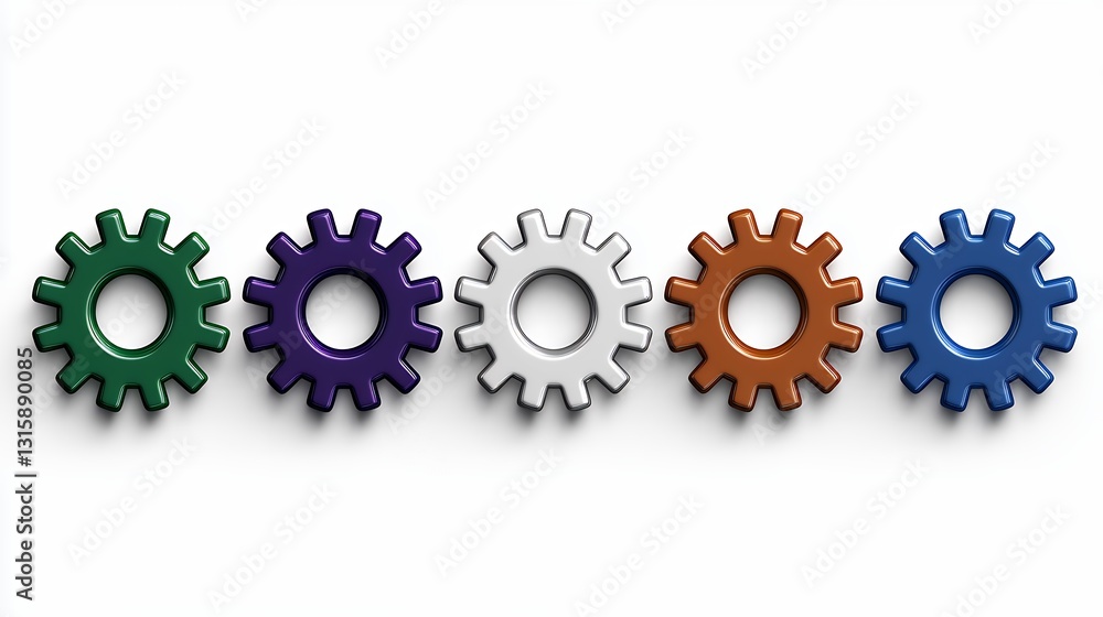 Colorful Gears In Row Against White Background Colorful Gears In Row Against White Background