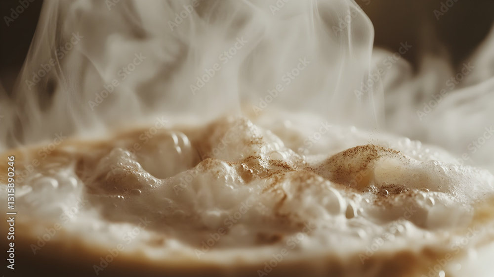 Obraz premium of steam rising from a cappuccino with rich frothy milk and cinnamon dusting