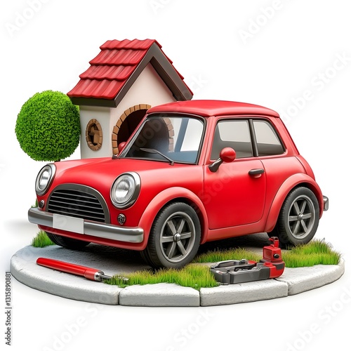 Cute Cartoon Red Vintage Car Model with Tools and House