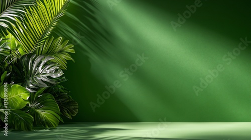 Tropical plants, bright light, green backdrop