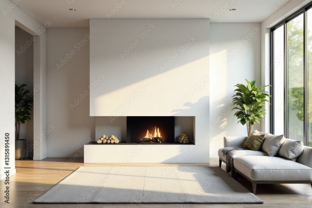 Fototapeta premium Modern minimalist living room interior design featuring a cozy fireplace and comfortable seating