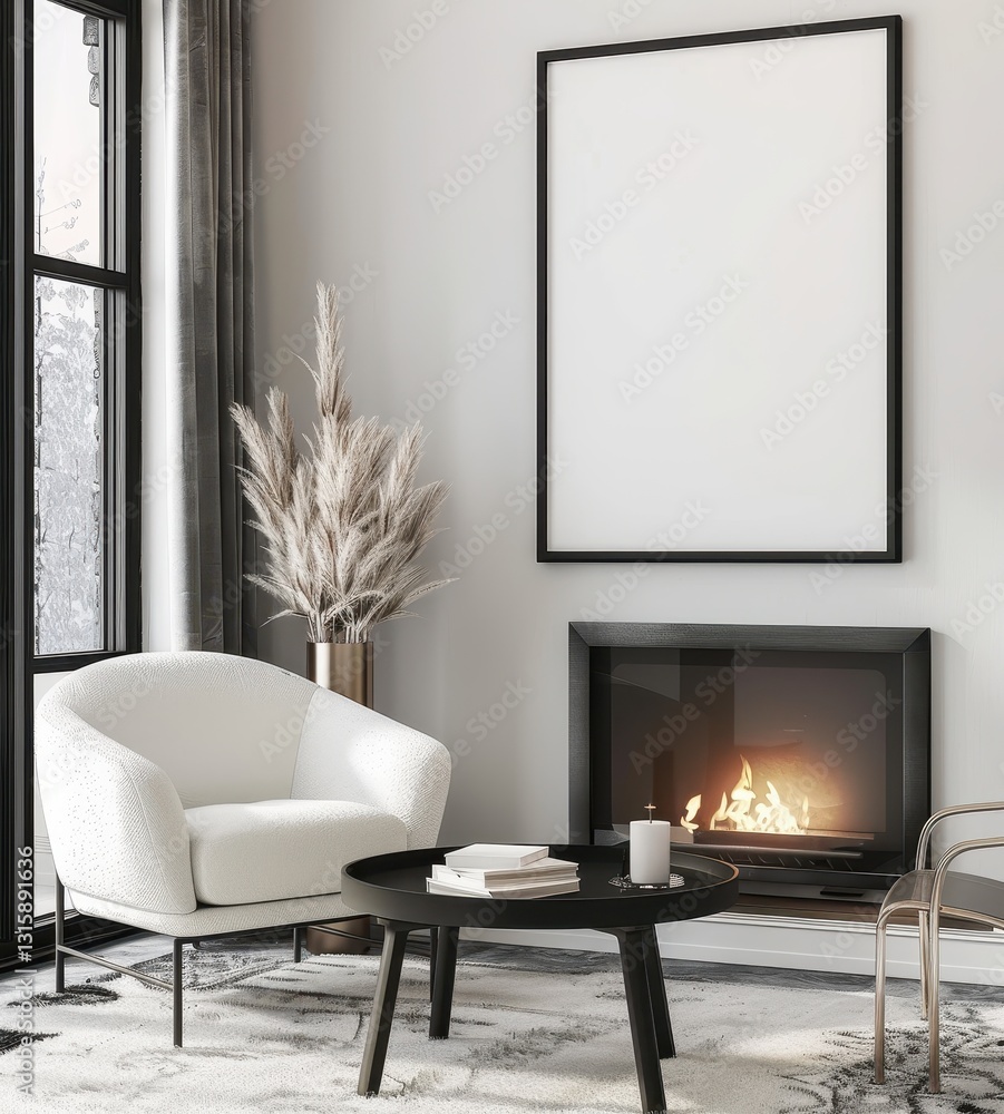 Naklejka premium Cozy living room with fireplace. white armchair. and black coffee table