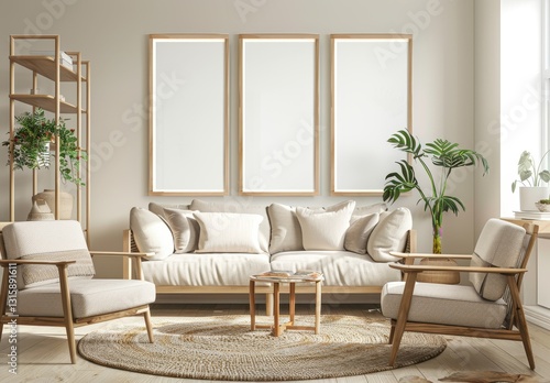 Minimalist living room interior with three empty frames above a beige sofa. two armchairs. a coffee table. and a rug photo