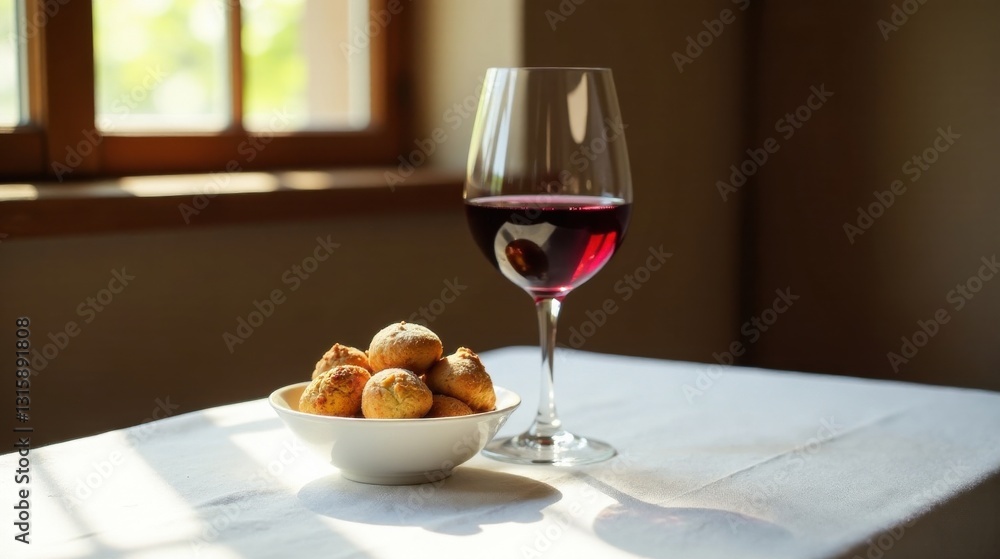 Sunlit Table Setting A Glass of Red Wine and a Bowl of Sweet Baked Goods Sunlit Table Setting A Glass of Red Wine and a Bowl of Sweet Baked Goods