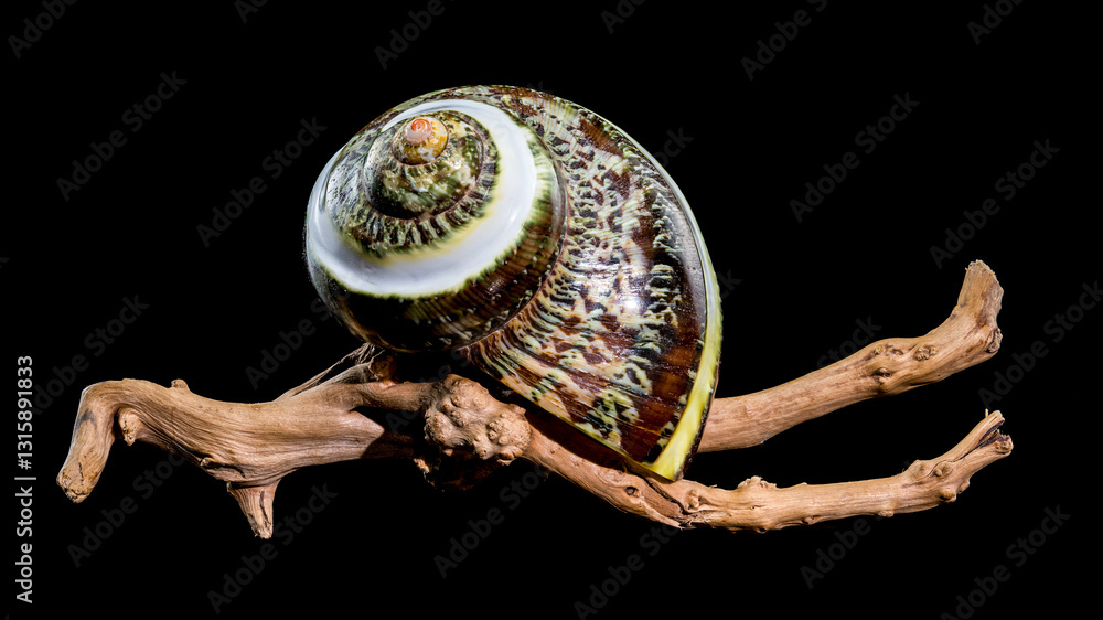 Green Jade Banded Turbo Shell on driftwood black background