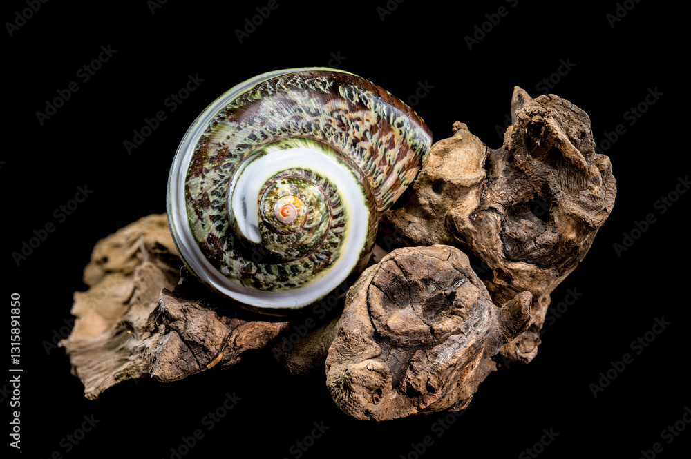 Green Jade Banded Turbo Shell on driftwood black background