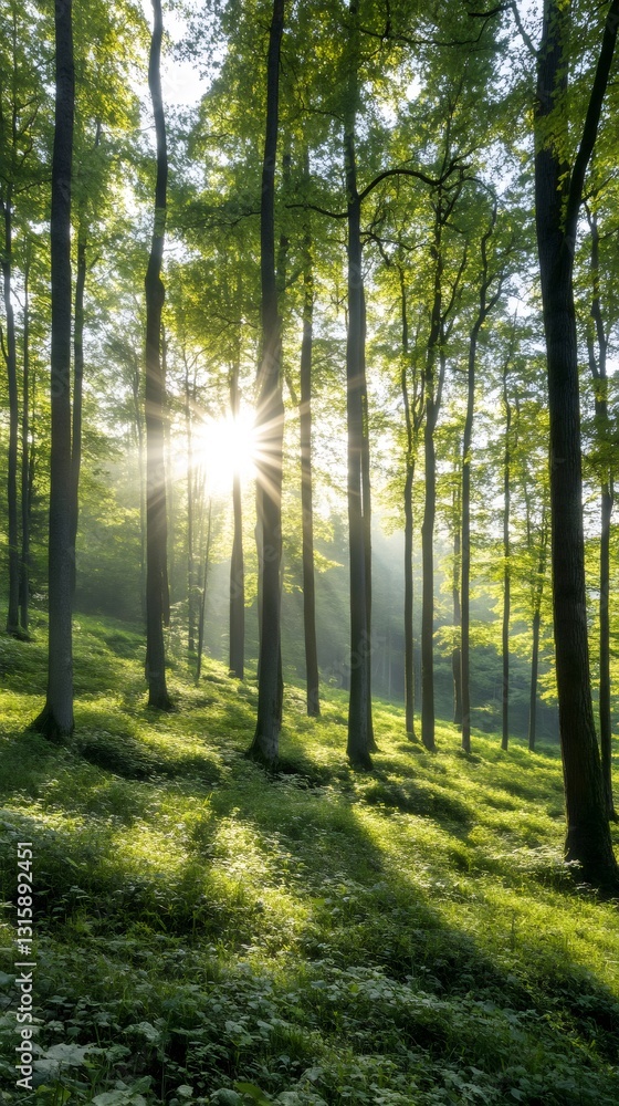 Sunlight shining through trees in green forest Sunlight shining through trees in green forest
