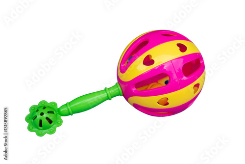 A colorful plastic baby rattle with a spherical head and a textured handle, isolated against a white background, highlighting its playful design and vibrant colors.