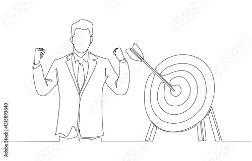 Continuous one line drawing of happy businessman clenching fists with arrow hitting bullseye, business goal accomplishment concept, single line art