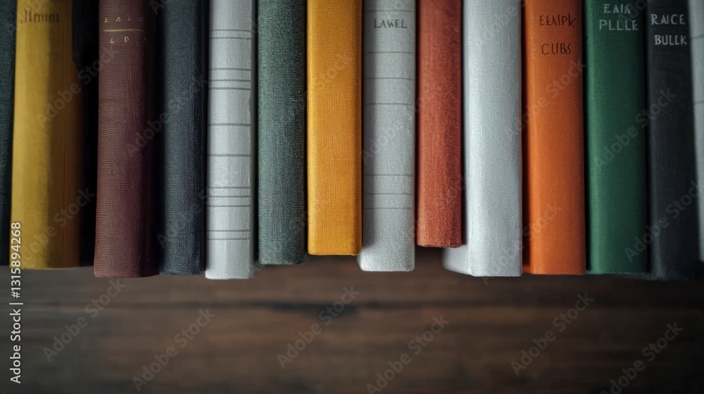 Colorful Book Spines on Wooden Shelf Reading Literature Knowledge Education Library Colorful Book Spines on Wooden Shelf Reading Literature Knowledge Education Library