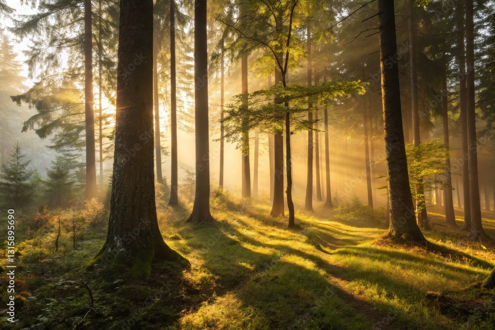 Fototapeta premium Sunlit Forest Pathway at Dawn - A Serene Nature Scene with Golden Light and Tall Trees