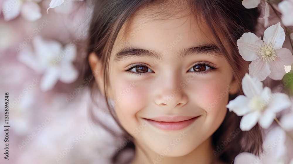 Portrait of smiling little girl surrounded by delicate flowers enjoying spring blossom Portrait of smiling little girl surrounded by delicate flowers enjoying spring blossom