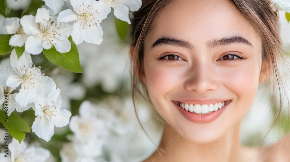 Beautiful smiling woman with white flowers enjoying spring Beautiful smiling woman with white flowers enjoying spring