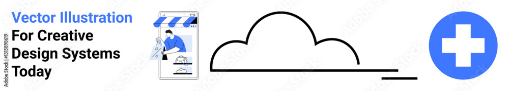 Cloud outline connects digital design and health app screen, emphasizing modern tech use. Ideal for healthcare, tech innovation, creativity, cloud services, remote solutions, medical, flat landing Cloud outline connects digital design and health app screen, emphasizing modern tech use. Ideal for healthcare, tech innovation, creativity, cloud services, remote solutions, medical, flat landing