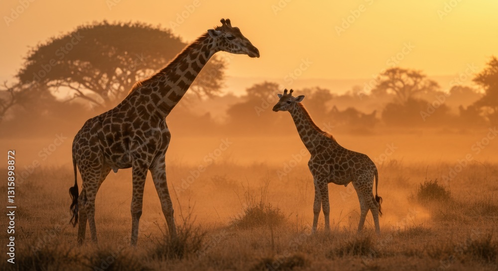 Fototapeta premium Majestic giraffes standing gracefully in a golden savannah during sunset, with a serene atmosphere - jirafa