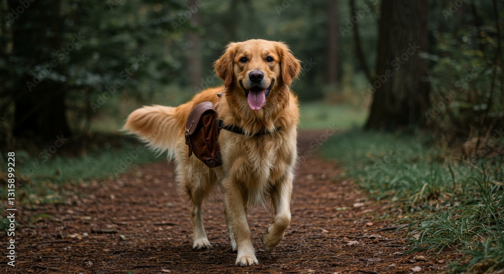 A golden retriever trots through the forest, wearing a brown backpack as it embarks on an adventurous journey A golden retriever trots through the forest, wearing a brown backpack as it embarks on an adventurous journey
