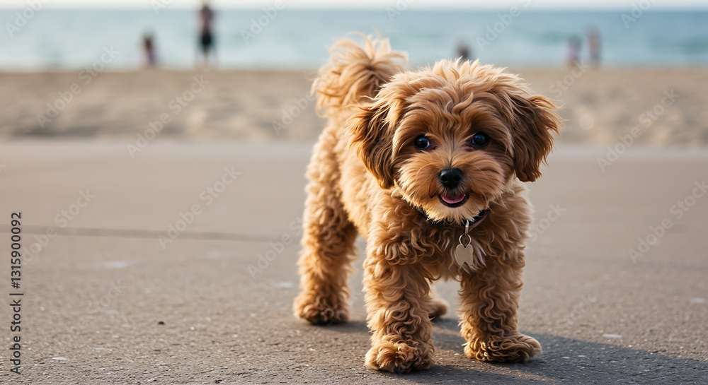 Adorable Brown Puppy on the Beach, Happy Dog near Ocean Adorable Brown Puppy on the Beach, Happy Dog near Ocean