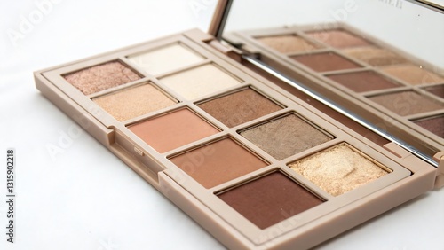 Eyeshadow Palette with Neutral Tones, Opened with Visible Texture, Isolated on a White Background, High-Quality Stock Image Perfect for cosmetic branding, makeup product marketing.