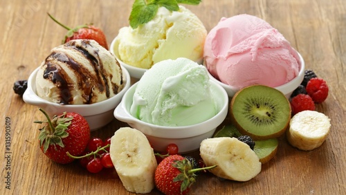 some cups of ice cream and delicious colorful fruits, vanilla ice cream with chocolate topping,