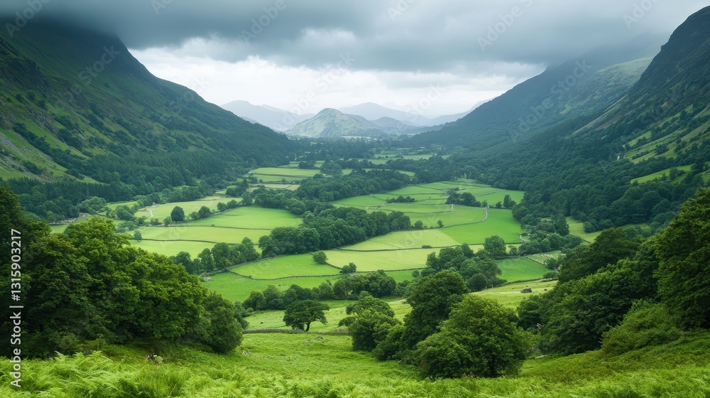 Fototapeta premium Serene valley landscape with lush green fields and mountains under a cloudy sky. Ideal for travel, nature, and environmental projects, evokes peace and tranquility.