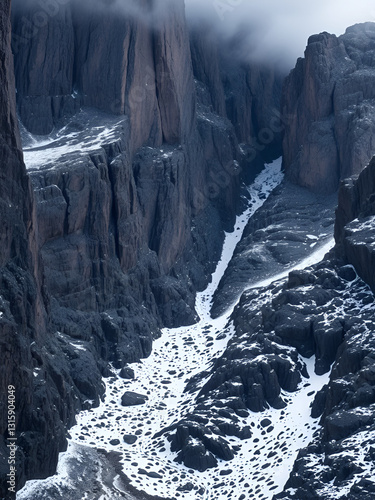 texture with steep cliffs, dark rocks, and scattered snow, creating a dramatic and imposing scene photo