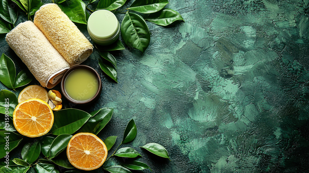 Fresh oranges and a rustic bread roll on vibrant green background representing a healthy daily routine Fresh oranges and a rustic bread roll on vibrant green background representing a healthy daily routine