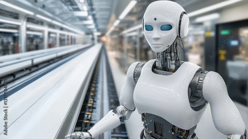 Fototapeta premium Autonomous AI robot navigating through a smart factory assembly line.