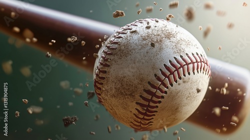 A dramatic close-up of a baseball as it’s struck by a bat, sending dirt flying through the air.